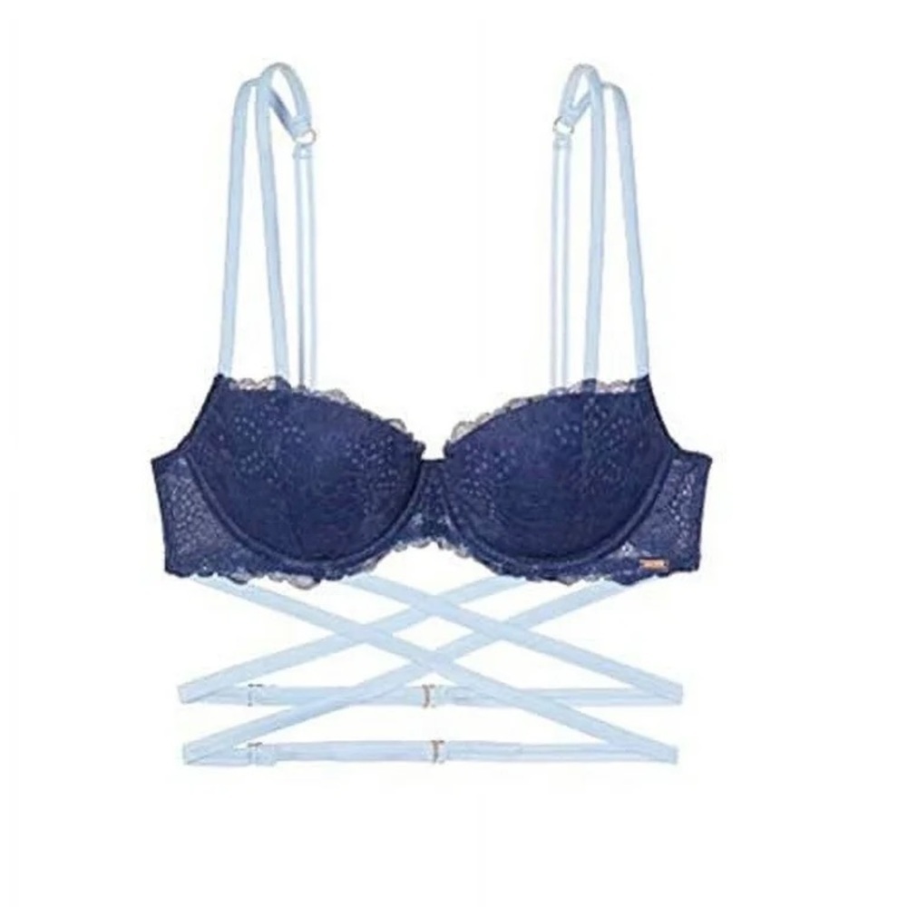 🚫sold🚫Date Push Up Bra 34DD Navy Lace Bralette with Light Blue Straps - Picture 2 of 6